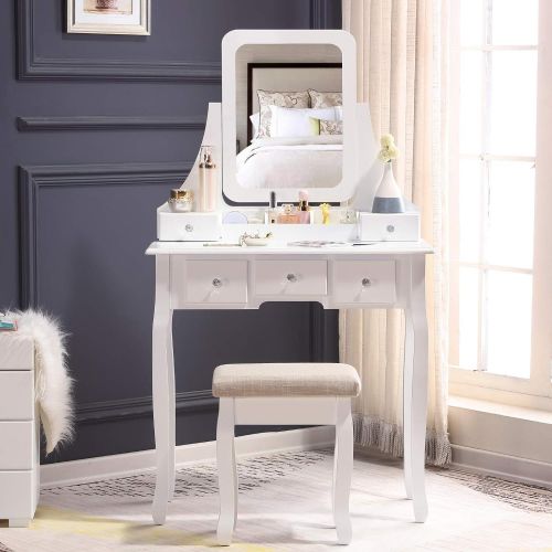  Honbay HONBAY Makeup Vanity Table Set with Mirror, Cushioned Stool, 5 Drawers and Gift Makeup Organizer Dressing Table White
