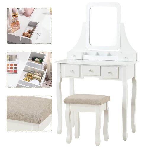  Honbay HONBAY Makeup Vanity Table Set with Mirror, Cushioned Stool, 5 Drawers and Gift Makeup Organizer Dressing Table White