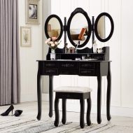 Honbay HONBAY Trifold Mirrors Makeup Vanity Table Set, Cushioned Stool and Surprise Gift Makeup...