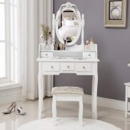 Honbay HONBAY Makeup Vanity Table Set and Cushioned Stool, Oval Mirror and Surprise Gift Makeup Organizer 5 Drawers Dressing Table White