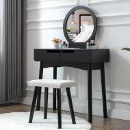 Honbay HONBAY Vanity Table Set with Round Mirror 2 Large Sliding Drawers Makeup Dressing Table with Cushioned Stool, Black