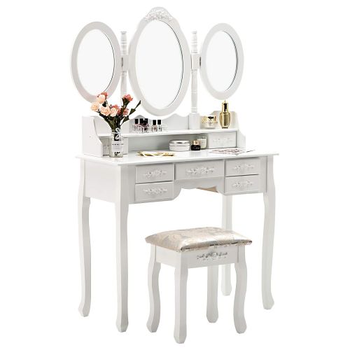  Honbay HONBAY Trifold Mirrors Makeup Vanity Table Set, Cushioned Stool and Surprise Gift Makeup...