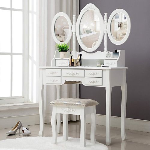  Honbay HONBAY Trifold Mirrors Makeup Vanity Table Set, Cushioned Stool and Surprise Gift Makeup...