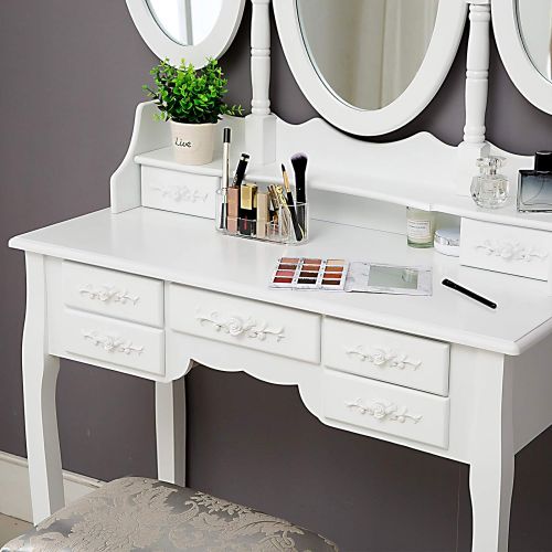  Honbay HONBAY Trifold Mirrors Makeup Vanity Table Set, Cushioned Stool and Surprise Gift Makeup...