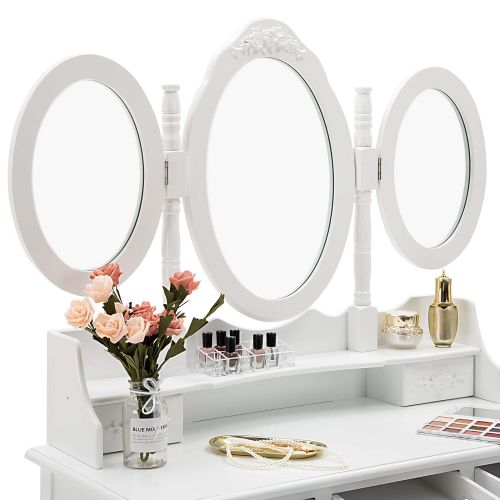  Honbay HONBAY Trifold Mirrors Makeup Vanity Table Set, Cushioned Stool and Surprise Gift Makeup...