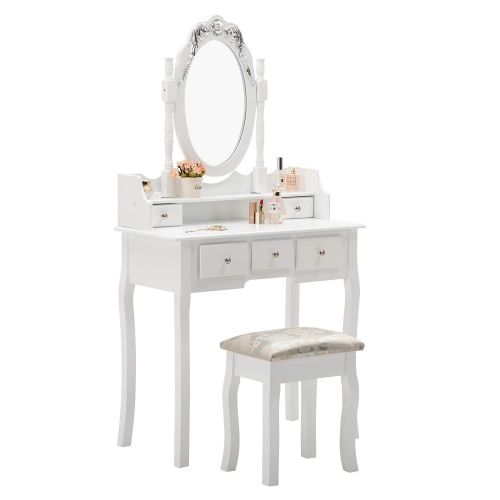  Honbay HONBAY Makeup Vanity Table Set and Cushioned Stool, Oval Mirror and Surprise Gift Makeup Organizer 5 Drawers Dressing Table White