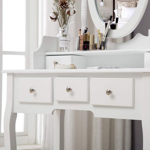  Honbay HONBAY Makeup Vanity Table Set and Cushioned Stool, Oval Mirror and Surprise Gift Makeup Organizer 5 Drawers Dressing Table White