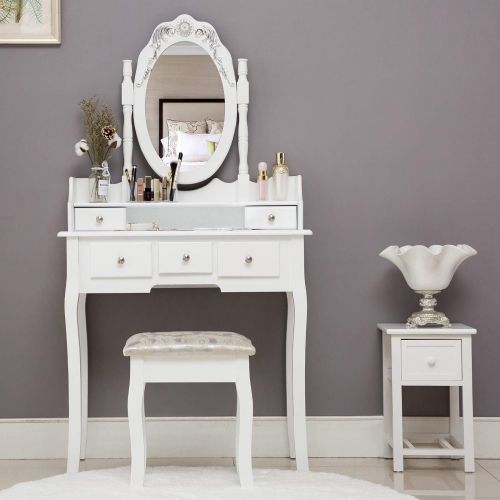  Honbay HONBAY Makeup Vanity Table Set and Cushioned Stool, Oval Mirror and Surprise Gift Makeup Organizer 5 Drawers Dressing Table White