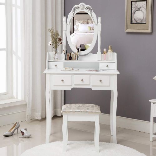  Honbay HONBAY Makeup Vanity Table Set and Cushioned Stool, Oval Mirror and Surprise Gift Makeup Organizer 5 Drawers Dressing Table White