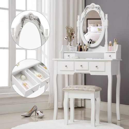  Honbay HONBAY Makeup Vanity Table Set and Cushioned Stool, Oval Mirror and Surprise Gift Makeup Organizer 5 Drawers Dressing Table White