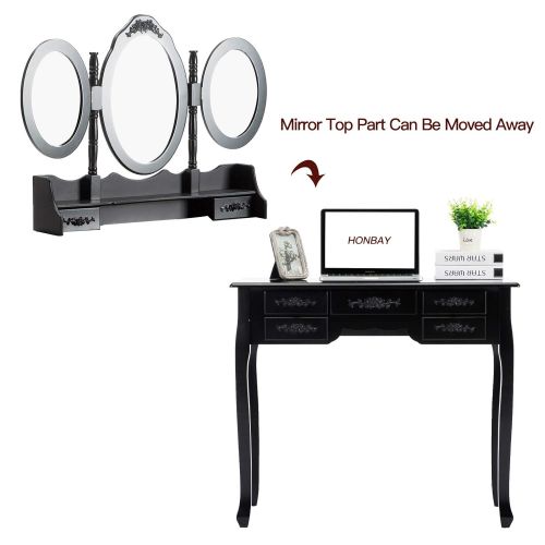  Honbay HONBAY Trifold Mirrors Makeup Vanity Table Set, Cushioned Stool and Surprise Gift Makeup...