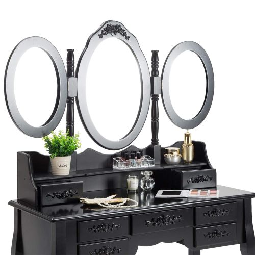  Honbay HONBAY Trifold Mirrors Makeup Vanity Table Set, Cushioned Stool and Surprise Gift Makeup...