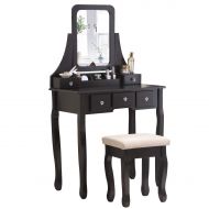 Honbay HONBAY Makeup Vanity Table Set with Mirror, Cushioned Stool, 5 Drawers and Gift Makeup Organizer Dressing Table Black