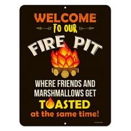 Honey Dew Gifts Funny Camping Signs, Welcome to Our Fire Pit Where Friends and Marshmallows Get Toasted, 9 x 12 inch Camper Decor