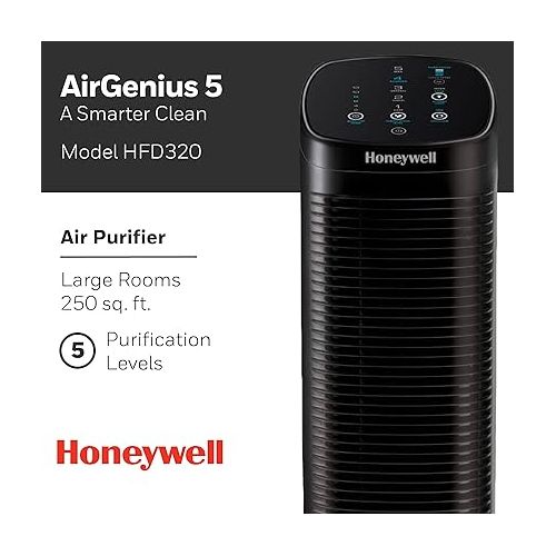  Honeywell HFD320 Air Genius 5 Air Purifier with Permanent Washable Filter Large Rooms (250 sq. ft.) Black