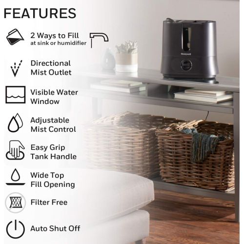  Honeywell Top Fill Cool Mist Humidifier Black Ultra Quiet with Auto Shut-Off, Variable Settings, Removeable Tank & Rotating Mist Nozzle for Medium to Large Rooms, Bedroom, Baby Roo