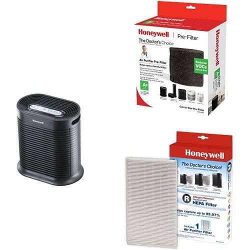  Honeywell True HEPA Air Purifier with Allergen Remover-Black, Medium Room with Household Odor & Gas Reducing Universal Pre-Filter, Black and Replacement Filter, Single Unit