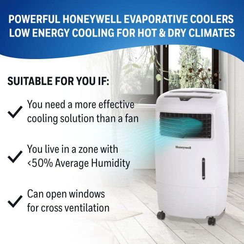  Honeywell 500 CFM Indoor Portable Evaporative Cooler with Fan & Humidifier, Carbon Dust Filter & Remote Control, CL25AE