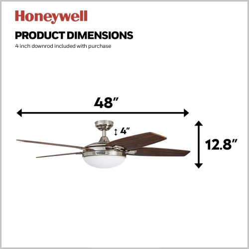  [아마존베스트]Honeywell Ceiling Fans Honeywell Carmel 48-Inch Ceiling Fan with Integrated Light Kit and Remote Control, Five Reversible California Redwood/Mendoza Rosewood Blades, Brushed Nickel