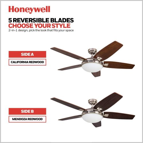  [아마존베스트]Honeywell Ceiling Fans Honeywell Carmel 48-Inch Ceiling Fan with Integrated Light Kit and Remote Control, Five Reversible California Redwood/Mendoza Rosewood Blades, Brushed Nickel