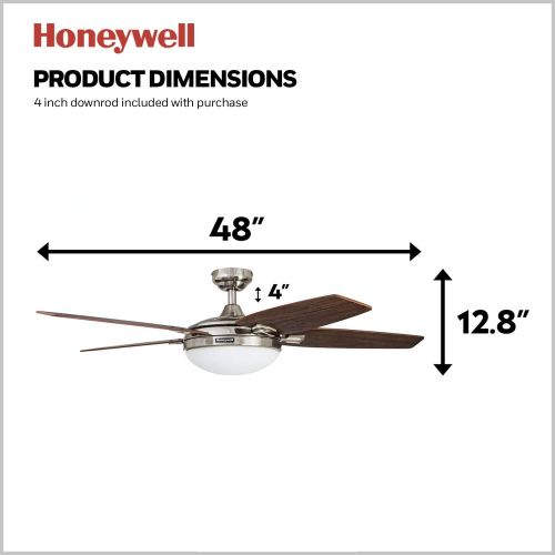  Honeywell Carmel 48-Inch Ceiling Fan with Integrated Light Kit and Remote Control, Five Reversible California Redwood/Mendoza Rosewood Blades, Brushed Nickel