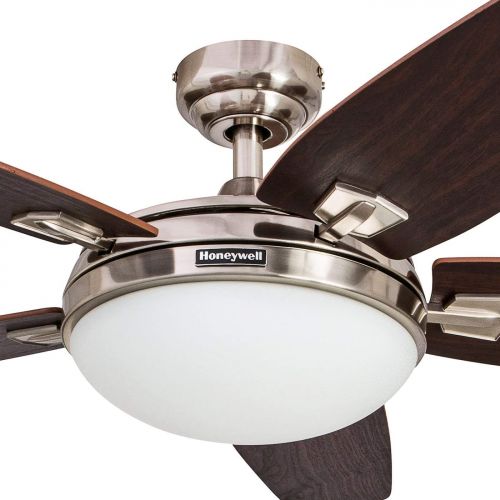  Honeywell Carmel 48-Inch Ceiling Fan with Integrated Light Kit and Remote Control, Five Reversible California Redwood/Mendoza Rosewood Blades, Brushed Nickel