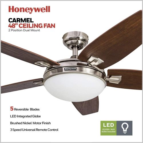  Honeywell Carmel 48-Inch Ceiling Fan with Integrated Light Kit and Remote Control, Five Reversible California Redwood/Mendoza Rosewood Blades, Brushed Nickel