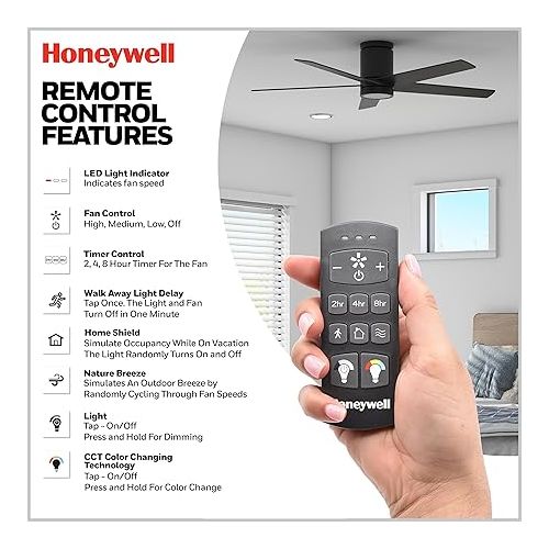  Honeywell Ceiling Fans Graceshire, 52 Inch Contemporary Ceiling Fan with Color Changing LED Light, Remote Control, Flush Mount, 5 Dual Finish Blades, Reversible Airflow - 51859-01 (Matte Black)