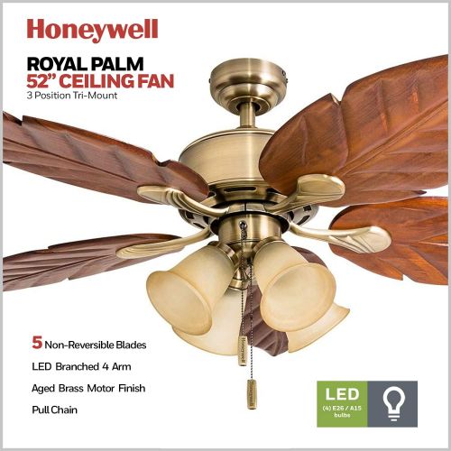  [아마존베스트]Honeywell Ceiling Fans 50504-01 Royal Palm Ceiling Fan, 52, Aged Brass