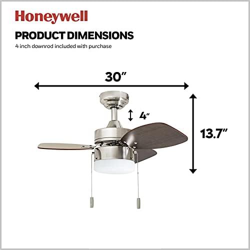  [아마존베스트]Honeywell Ceiling Fans 50601-01 Ocean Breeze Contemporary, 30” LED Frosted, Light Oak/Satin Finish Blades, Brushed Nickel