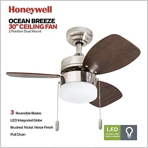  [아마존베스트]Honeywell Ceiling Fans 50601-01 Ocean Breeze Contemporary, 30” LED Frosted, Light Oak/Satin Finish Blades, Brushed Nickel