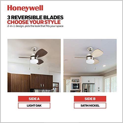  [아마존베스트]Honeywell Ceiling Fans 50601-01 Ocean Breeze Contemporary, 30” LED Frosted, Light Oak/Satin Finish Blades, Brushed Nickel