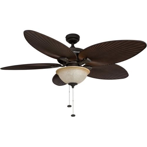  [아마존베스트]Honeywell Ceiling Fans Honeywell Palm Island 52-Inch Tropical Ceiling Fan with Sunset Glass Bowl Light, Five Palm Leaf Blades, Indoor/Outdoor, Bronze