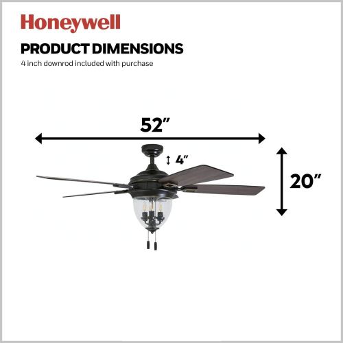  [아마존베스트]Honeywell Ceiling Fans 50615-01 Glencrest 52” Indoor & Outdoor, LED Edison Bulbs, ETL Damp Rated Aged Teak/Dark Walnut Blades, Oil Rubbed Bronze