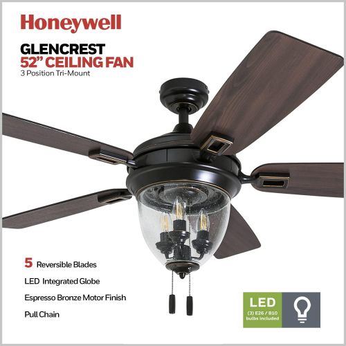  [아마존베스트]Honeywell Ceiling Fans 50615-01 Glencrest 52” Indoor & Outdoor, LED Edison Bulbs, ETL Damp Rated Aged Teak/Dark Walnut Blades, Oil Rubbed Bronze