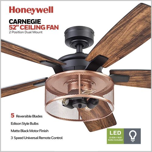  Honeywell Ceiling Fans 51459-01 Carnegie Ceiling Fan, 52, Matte Black