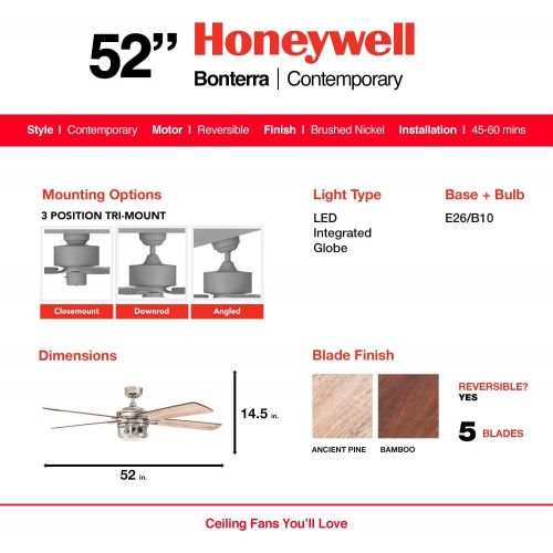  Honeywell Ceiling Fans 50610-01 Bontera Ceiling Fan, 52, Brushed Nickel