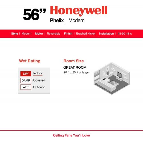  Honeywell Ceiling Fans 50611-01 Phelix Ceiling Fan, 56, Brushed Nickel