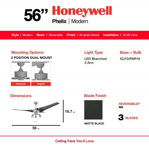  Honeywell Ceiling Fans 50611-01 Phelix Ceiling Fan, 56, Brushed Nickel