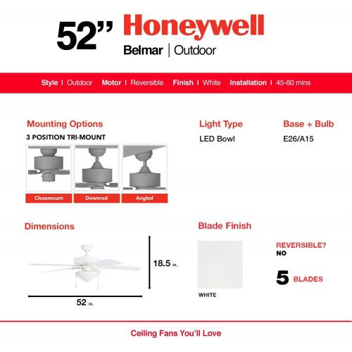  Honeywell Ceiling Fans 50513-01 Belmar Outdoor LED Ceiling Fan, ABS Weatherproof Blades, White