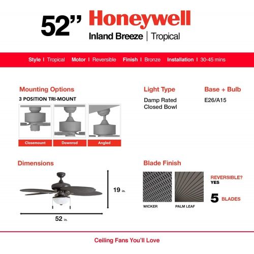  Honeywell Ceiling Fans 50511-01 Inland Breeze Ceiling Fan, 52, White