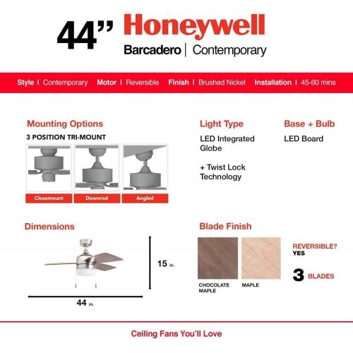  Honeywell Ceiling Fans 50616-01 Barcadero Ceiling Fan, 44, Brushed Nickel