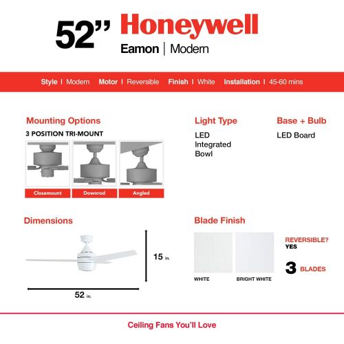  Honeywell Ceiling Fans 50605-01 Eamon Ceiling Fan, 52, White