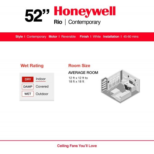  Honeywell Ceiling Fans 50195 Rio 54 Ceiling Fan with Integrated Light Kit and Remote Control, Brushed Nickel