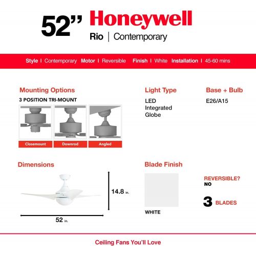  Honeywell Ceiling Fans 50195 Rio 54 Ceiling Fan with Integrated Light Kit and Remote Control, Brushed Nickel