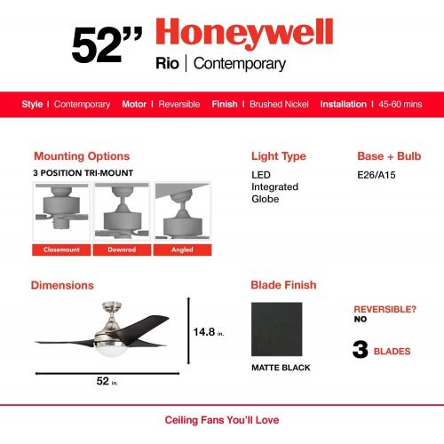  Honeywell Ceiling Fans 50195 Rio 54 Ceiling Fan with Integrated Light Kit and Remote Control, Brushed Nickel