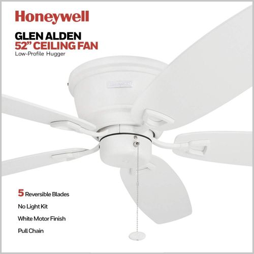  Honeywell Ceiling Fans Honeywell Glen Alden 52-Inch Ceiling Fan, Hugger/Flush Mount, Low Profile, Five White/Maple Reversible Blades, White