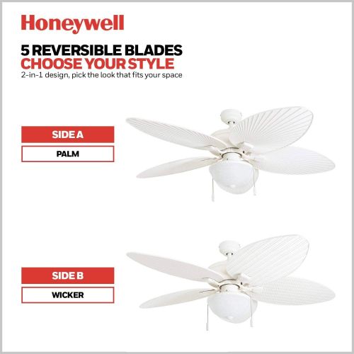  Honeywell Ceiling Fans 50511-01 Inland Breeze 52-Inch Tropical Ceiling Fan LED, Five Palm Leaf/Wicker Blades, Indoor/Outdoor, White