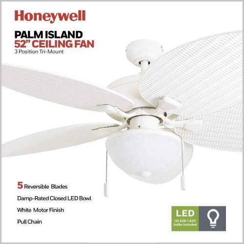  Honeywell Ceiling Fans 50511-01 Inland Breeze 52-Inch Tropical Ceiling Fan LED, Five Palm Leaf/Wicker Blades, Indoor/Outdoor, White