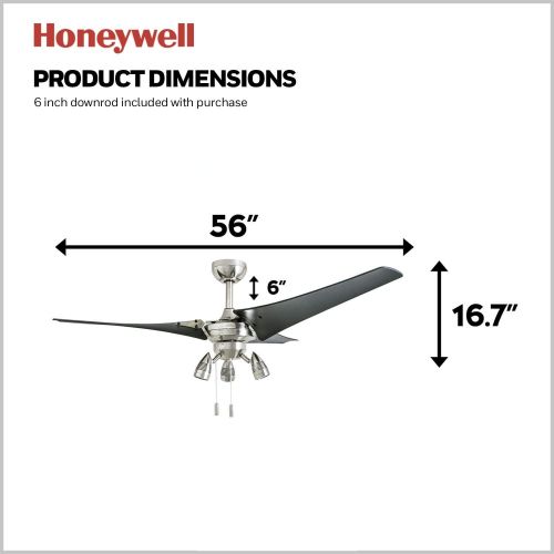  Honeywell Ceiling Fans Honeywell 50611 Phelix High Power Ceiling Fan, LED 56 Industrial, 3 Black ABS Blades, Brushed Nickel